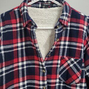 Ambiance Jacket Fleece Lined Button Up Shirt Shacket Red Blue Plaid Women's M